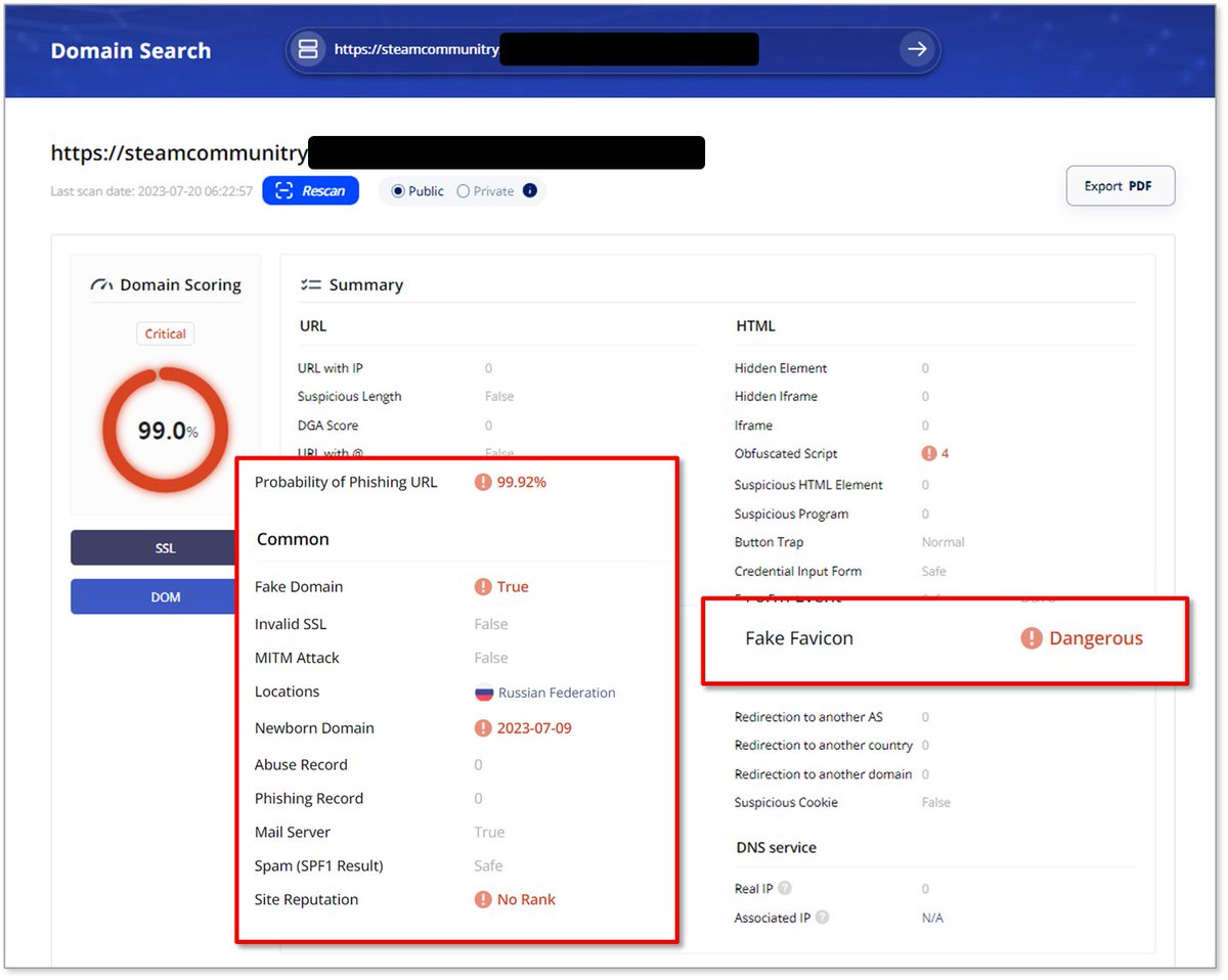 CriminalIP_US's tweet photo. A #Steam phishing site created 2 weeks ago has been found.
Be cautious and avoid accessing suspicious domains with a phishing probability of 99%
https://t.co/Lk3XyK1YFo
#Phishing #Scam #URLCheck #FakeDomain #FakeFavicon https://t.co/MwyfTrKxrg