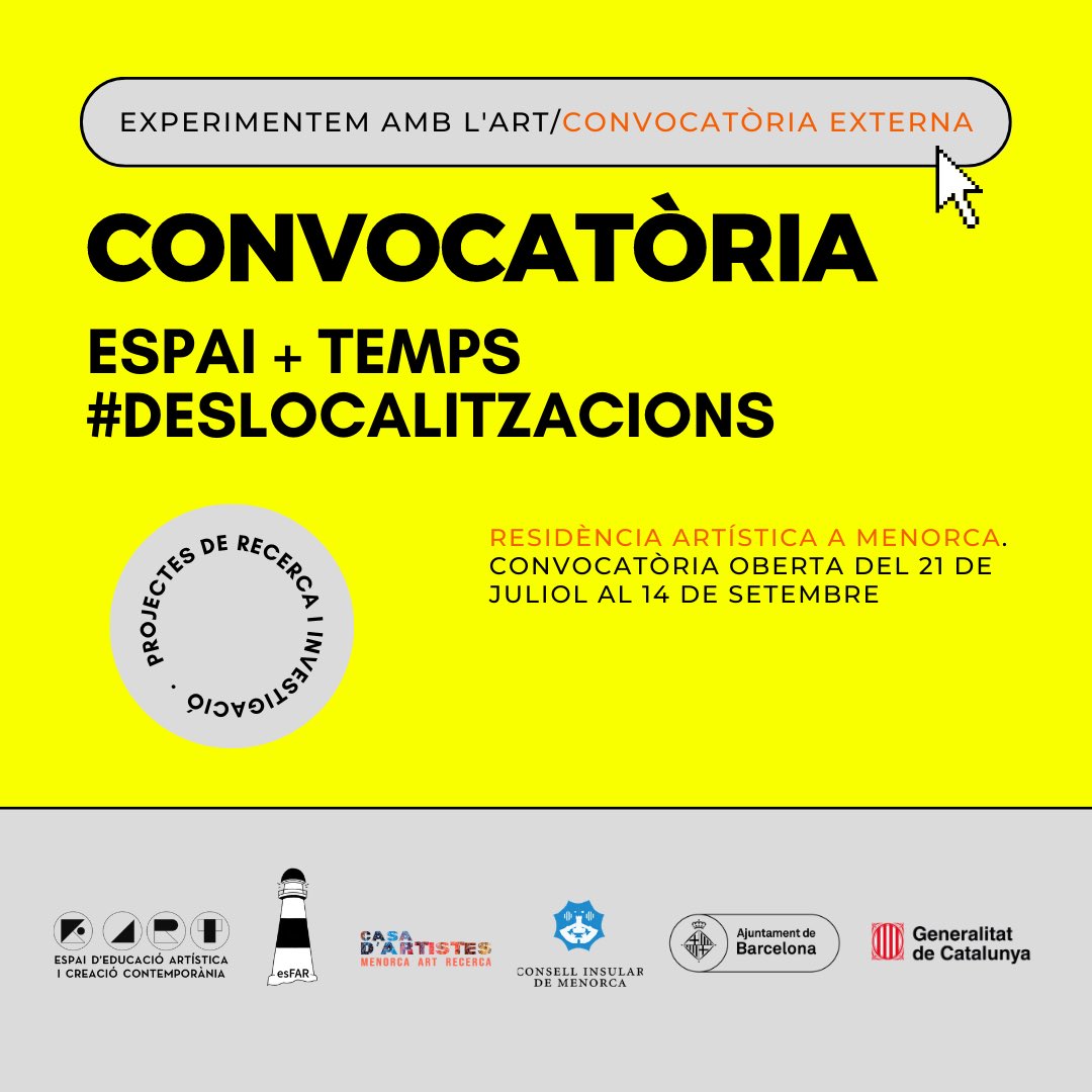 E:\\ART (@experimentemart) on Twitter photo 📢BASES ESPAI +TEMPS #DESLOCALITZACIONS 2023
⏰Termini: 14 de setembre
Fruit de la col·laboració entre l'entitat EART i l'associació Es FAR Cultural <a href="/esfarcultural/">FAR Cultural</a>.
Residència: 21 de novembre al 11 de desembre.
@consellinsularmenorca <a href="/barcelona_cat/">Barcelona</a> <a href="/gencat/">Generalitat de Catalunya</a> 📢BASES ESPAI +TEMPS #DESLOCALITZACIONS 2023
⏰Termini: 14 de setembre
Fruit de la col·laboració entre l'entitat EART i l'associació Es FAR Cultural <a href="/esfarcultural/">FAR Cultural</a>.
Residència: 21 de novembre al 11 de desembre.
@consellinsularmenorca <a href="/barcelona_cat/">Barcelona</a> <a href="/gencat/">Generalitat de Catalunya</a>