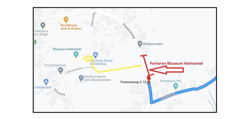 Zaterdag is Museum Helmantel niet via de normale route te bereiken. Advies is omrijden via Loppersum om zo via de oostkant Westeremden binnen te rijden. Daar staan borden om de parkeerplaatsen aan te geven.