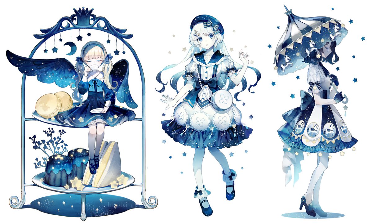 multiple girls 3girls dress blue footwear long hair closed eyes white background  illustration images
