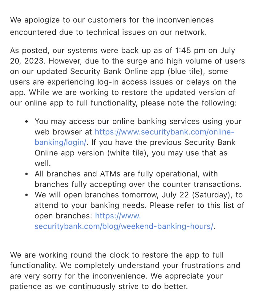 Security Bank says users may face “log-in access issues” due to the surge  in their updated app’s use.  Customers may still use their website or the old Security Bank Online app. Branches and ATMs are operational.  Some branches will also remain open tomorrow. | via <a href="/lanceyu_/">Lance Spencer Yu</a>