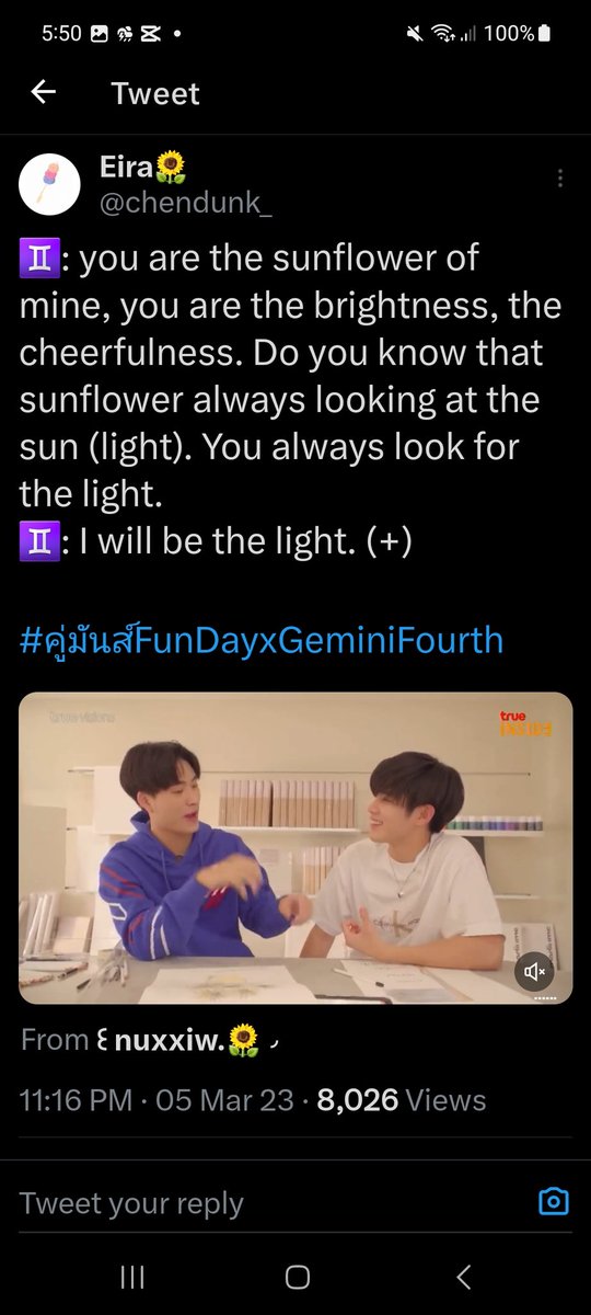 fourth to gem: 'he's like a lit candle on my dark and sad day' gem to fourth: 'Do you know that sunflowers are always looking at the sun? You always look for the light. I will be the light' gemgem, you really are his light 🥹🥹🥹 thank u for making fotfot's days 💗