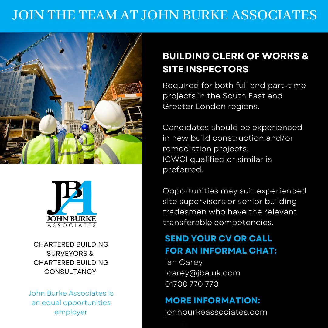 Are you looking for a change of career?

Call Ian Carey for an informal chat about opportunities with John Burke Associates on 01708 770 770.

#clerkofworks #clerkofworksopportunities #changecareers #workwithus #JBA #JohnBurkeAssociates #ICWCIQualified #construction #building