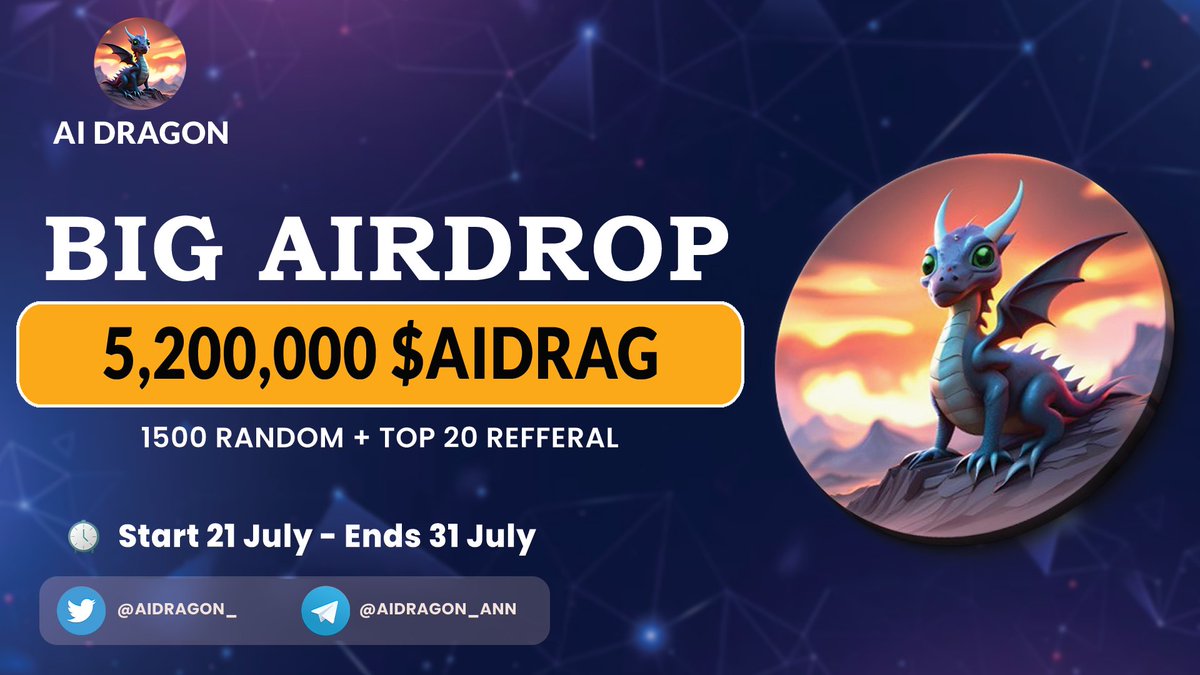 CryptoEarning17's tweet photo. 🔥 AI Dragon Airdrop Event 

🎁 Total Airdrop Pool 5,200,000 $AIDRAG Token For 1500 Random Users and Top 20 Refferal 

✅ Complete #gleam   : 
https://t.co/cc7G3zwZWA

#Airdrops #Giveaway #crypto #airdropcrypto #airdrop https://t.co/vpRCouT4Mg
