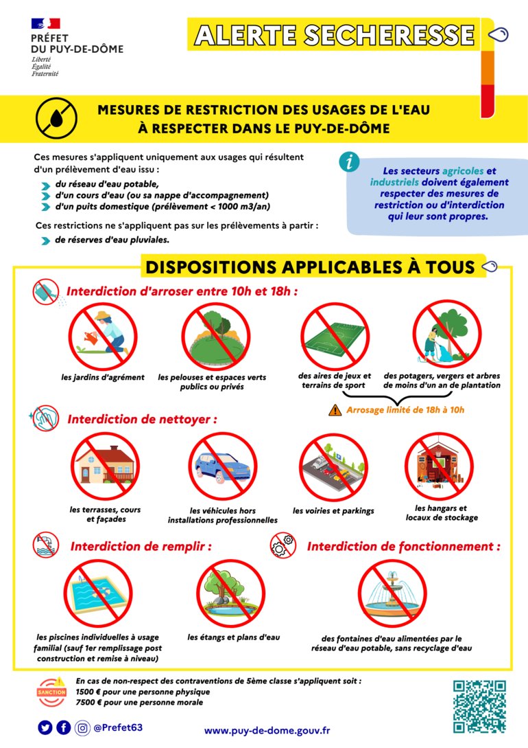 #Sécheresse | 🚱💧 En raison de la dégradation de la situation hydrologique, des mesures de restrictions sont mises en place par le <a href="/Prefet63/">Préfet du Puy-de-Dôme</a>, à compter du 21 juillet 📣 23 communes de <a href="/RLV_agglo/">Riom Limagne et Volcans Agglomération</a> sont concernées.

Liste des communes et des restrictions 👉 rlv.eu/actualites/act…
