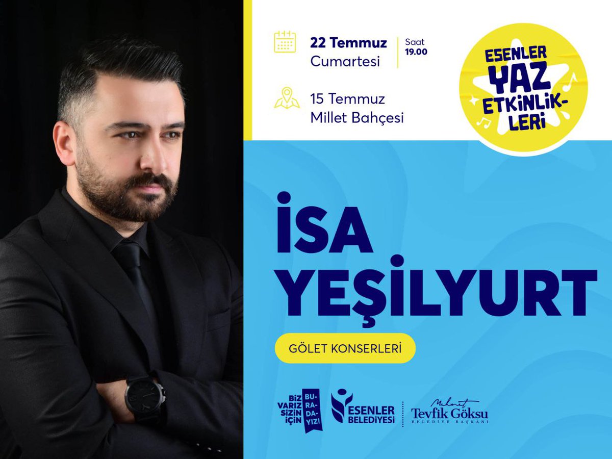 esenlerbelediye's tweet photo. Esenler Yaz Etkinlikleri kapsamında düzenlediğimiz gölet konserlerimizde yarınki konuğumuz İsa Yeşilyurt. 🎤 🎶

Tüm müzikseverleri bekliyoruz.

🕞 19.00
📍 15 Temmuz Millet Bahçesi https://t.co/erdcpZUb5W