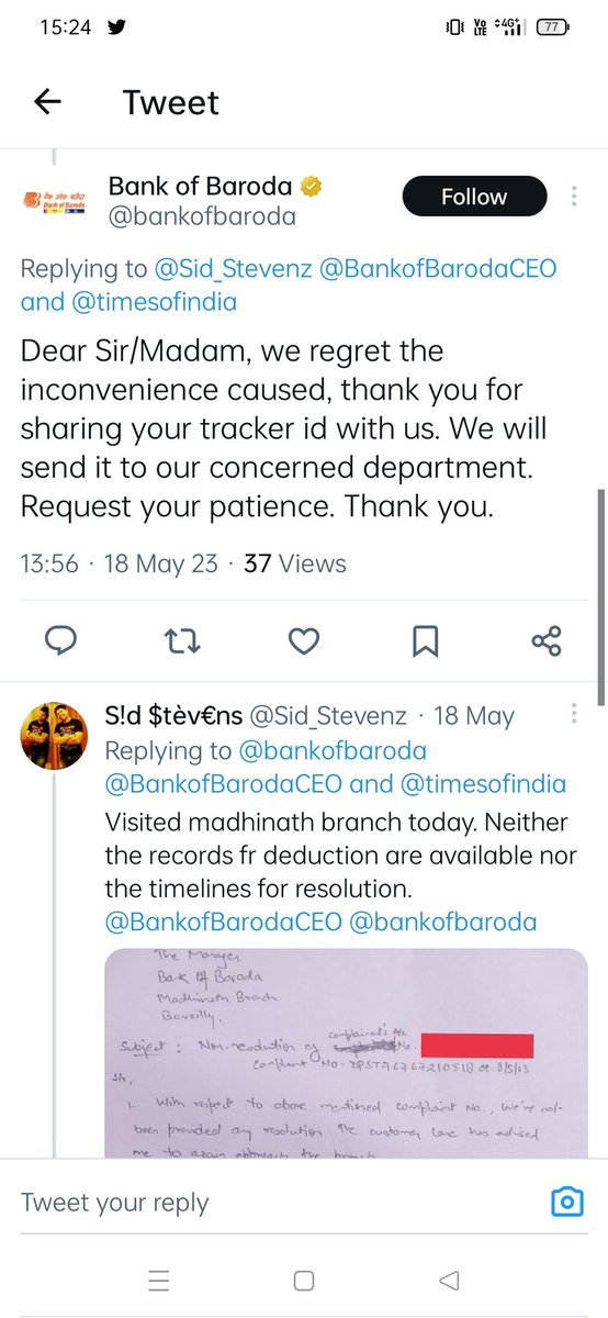 Sid_Stevenz's tweet photo. @bankofbaroda @BankofBarodaCEO @timesofindia @BankofBarodaCEO @bankofbaroda @RBI @timesofindia After months of running from pillar to post... Nil resolution by bank.. only fake promises... Shameful customer service by @BankofBaroda_5 https://t.co/YtiY3WEK1v