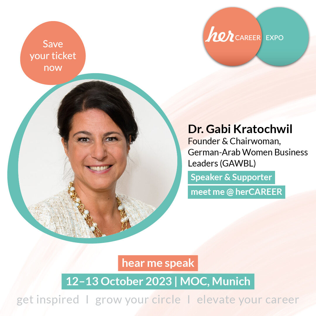 her_CAREER_de's tweet photo. Dr. Gabi Kratochwil gründete die #GermanArab Women Business Leaders (#GAWBL) und organisierte und leitete den ersten German-Arab Women Business Leaders' Summit. Wir freuen uns sehr, dass Gabi als Speaker auf der #herCAREER Expo vertreten sein wird 🎫 https://t.co/kRbIENse6s https://t.co/waPZ4fZNIS