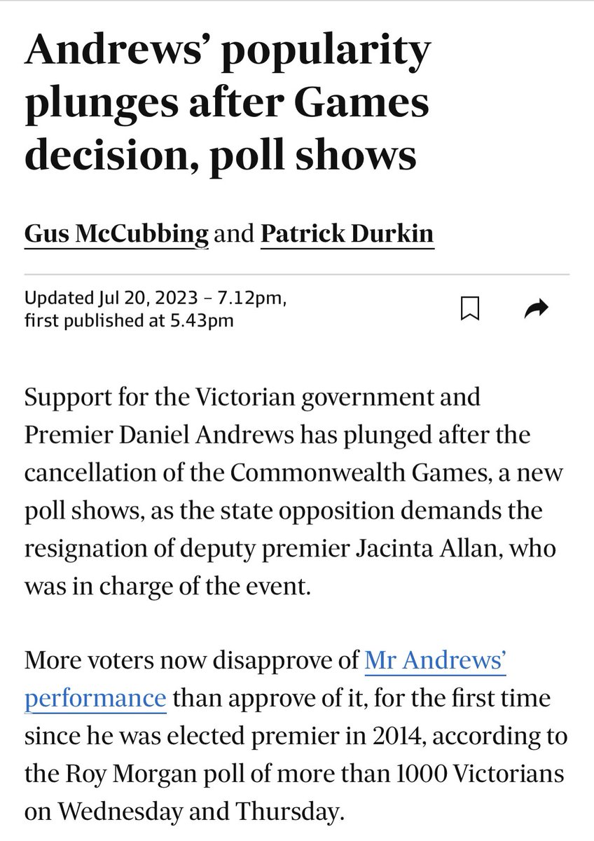 So Dan Andrews undertakes one of the world’s longest and unnecessarily lockdowns in the world, destroying kids educations in the process…and wins a landslide election. 

Cancels a Commonwealth Games and sees his popularity plummet. 

Go figure.