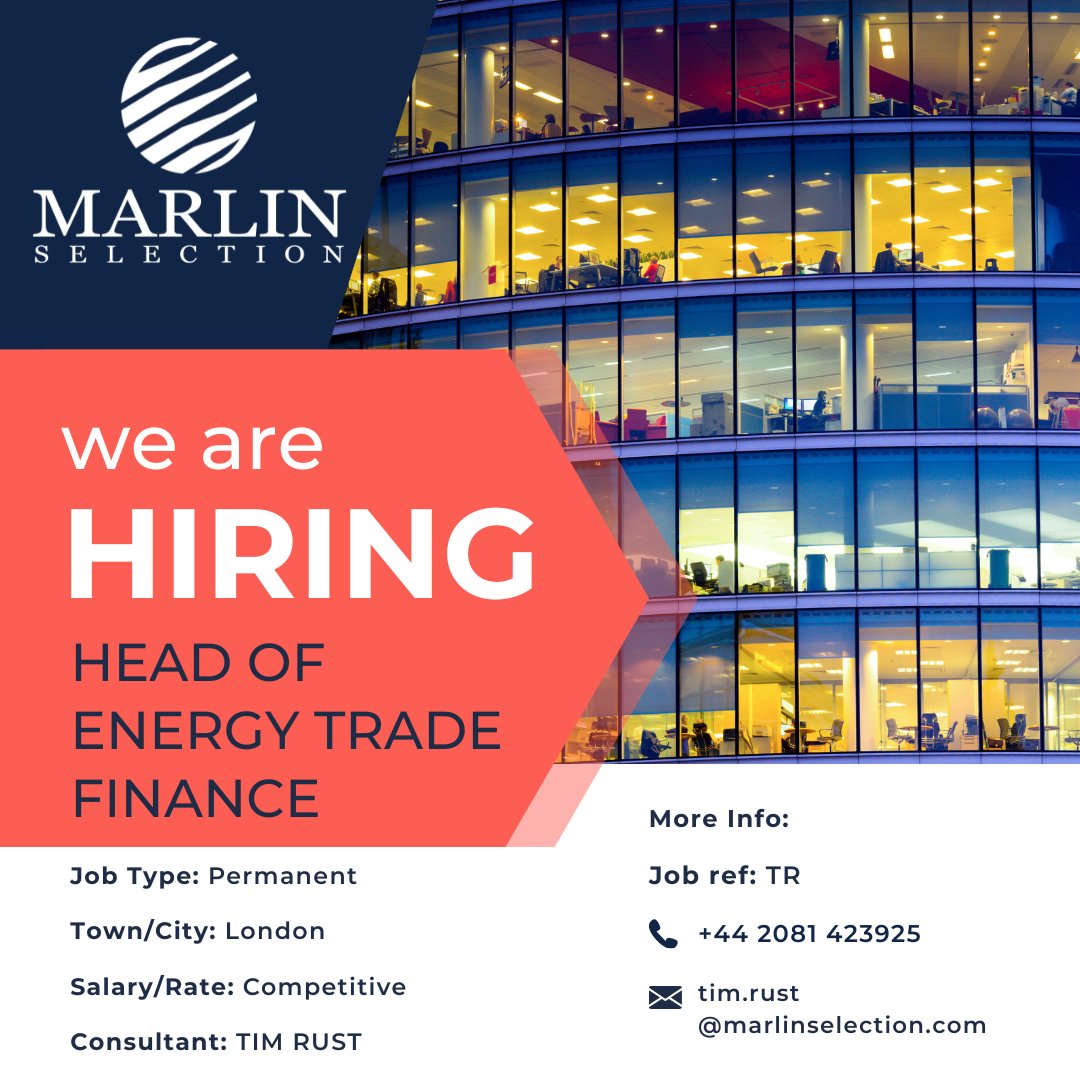 MarlinSelection's tweet photo. My client is an SME sized global energy trading firm with its headquarters in the UK. They are looking for a Head of Trade Finance. The role has the potential to grow in to that of the CFO of the firm.

https://t.co/EBV8mMzcyX

#MarlinSelection #JobSearch #FinanceJobs #LondonJobs https://t.co/fl7aaSJcG6