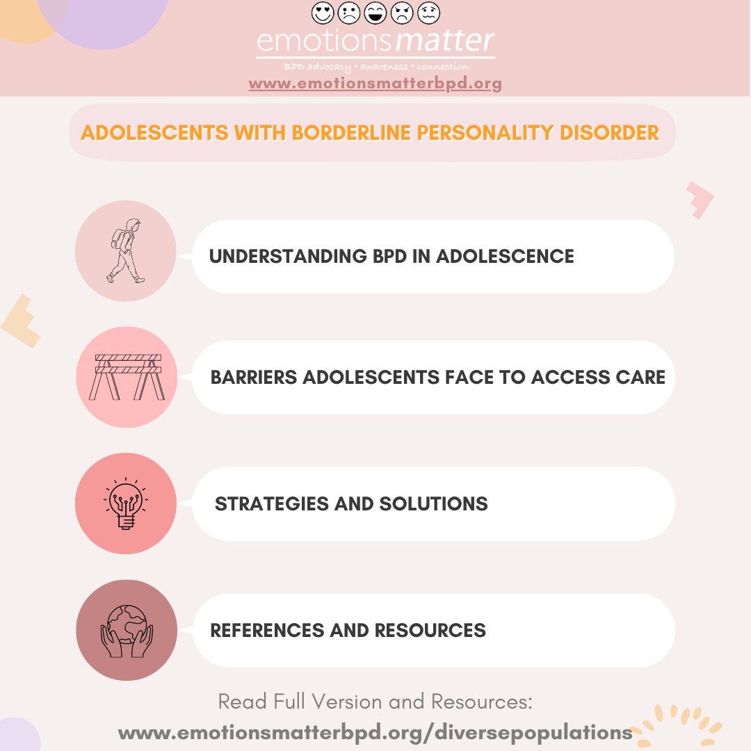 Borderline Personality Disorder (BPD) affects a wide range of communities and populations differently. To learn more about how BPD affects adolescents,  Check out our infographic:emotionsmatterbpd.org/diversepopulat…
#bpdcommunity #bpdadolescents #bpdrecovery #bpdhealing #bpdinfo #bpdeducation