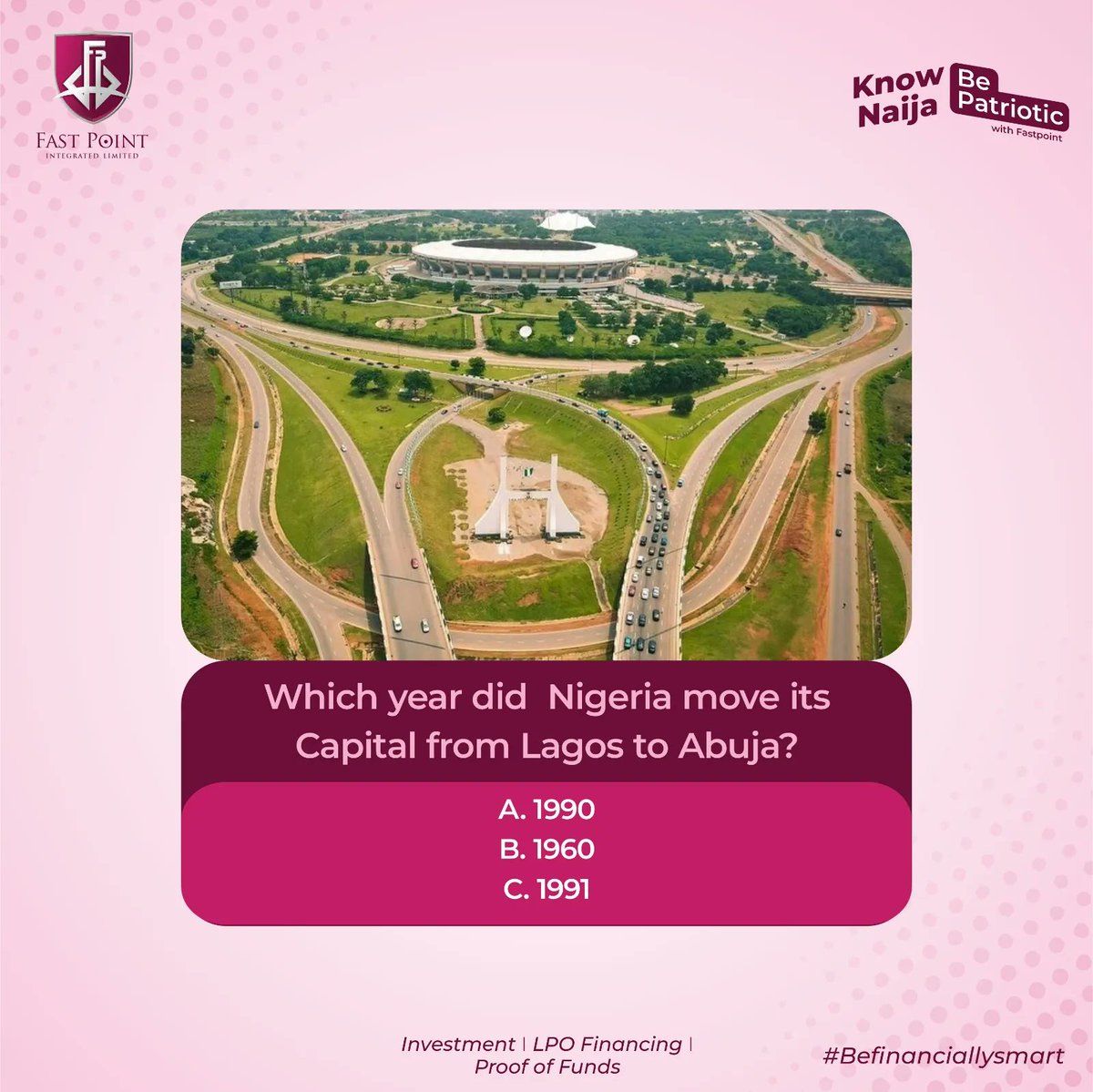FastPointGroup's tweet photo. Nigeria shifted its capital from Lagos to Abuja, joining the group of nations that had previously relocated their capital cities for various reasons.

What year did Nigeria move its capital from Lagos to Abuja?

#fastpointgroup #weekendvibes #tgif #fridayvibes https://t.co/50hM63Hxwr