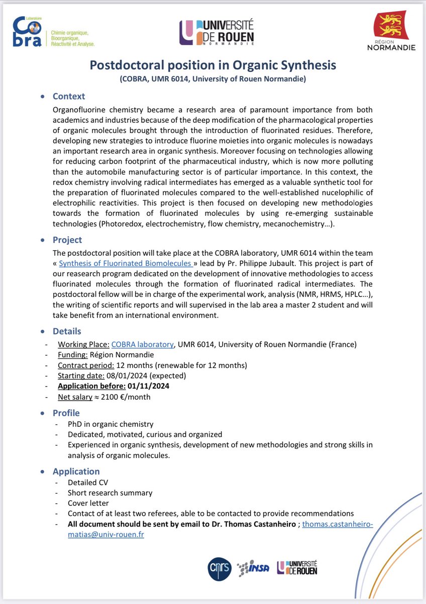 Interested in a postdoc adventure in organofluorine and redox chemistry, we have an open position in our group <a href="/SynBioF_COBRA/">Synthèse de Biomolécules Fluorées</a> to be started at 01/2024. Interested candidates are welcome to apply by contacting me. <a href="/univrouen/">Université de Rouen Normandie</a> <a href="/RegionNormandie/">Région Normandie</a> <a href="/insarouen/">INSA Rouen Normandie</a> <a href="/CNRS_PN/">CNRS Paris-Normandie</a>