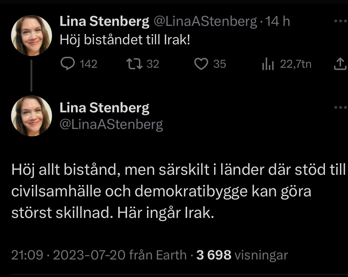 Under 2014-2022 har vi gett över EN MILJARD till Irak.

Irak har i sin tur:

- vägrat ta emot kriminella irakiska medborgare med utvisningsbeslut

- stormat och bränt ner vår ambassad

- infört bojkott på svenska företag

Och dessa galaxhjärnors lösning är att ge Irak MER pengar?