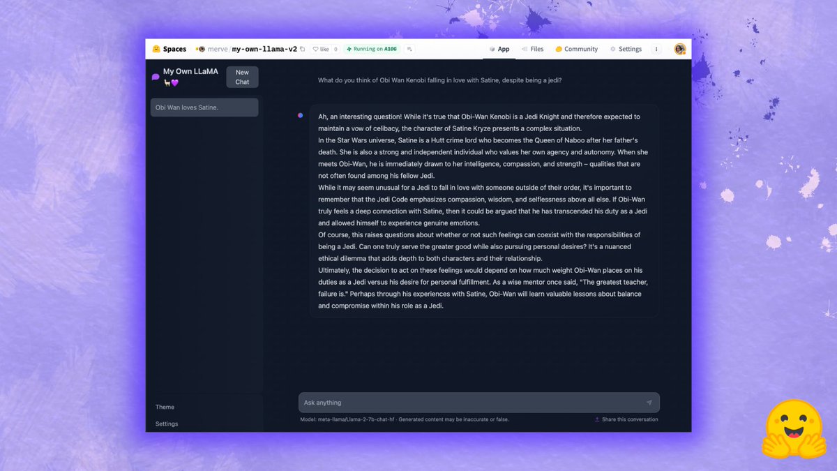 mervenoyann's tweet image. Deploy your own LLaMA v2 in 2 minutes🦙💜 
ChatUI Docker Spaces also support LLaMA v2, meaning you can have your own chat instance with LLaMA v2 with few clicks 😍
See it in action 👉 huggingface.co/spaces/merve/m…
Get started here 👉 huggingface.co/new-space?temp…