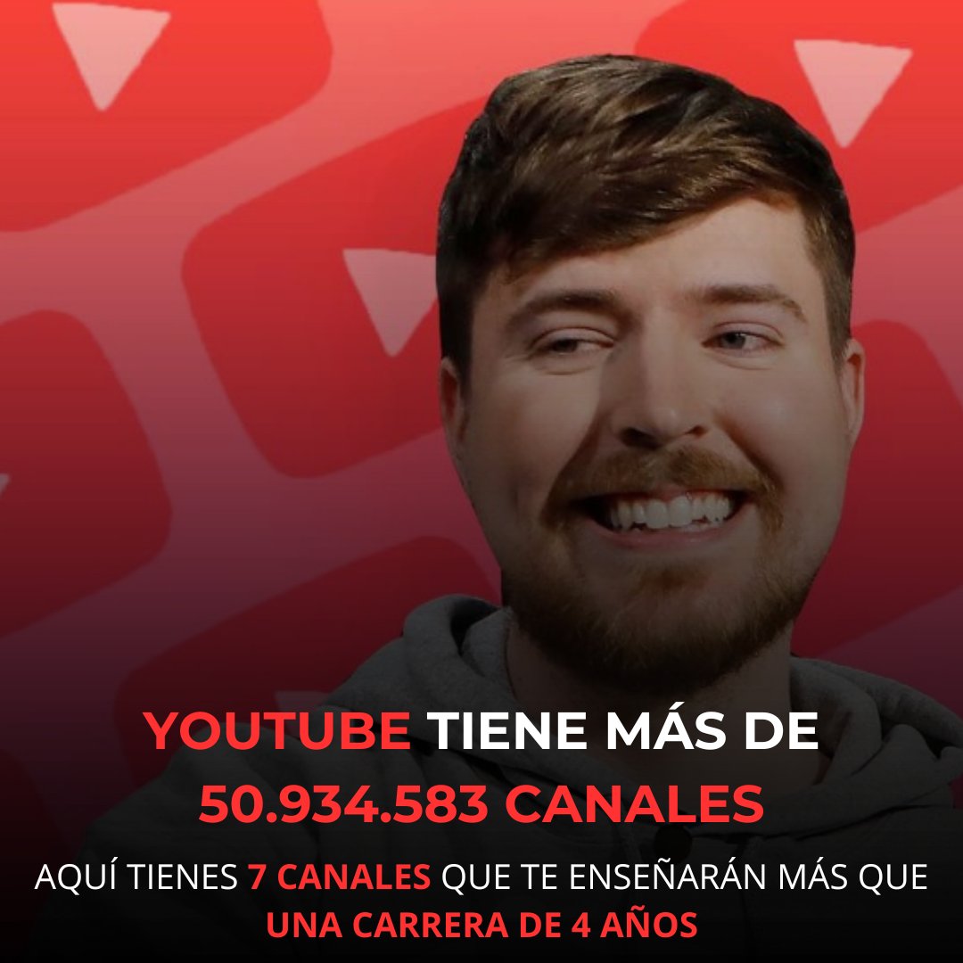 YOUTUBE tiene más de 50.934.583 CANALES. 

 Aquí tienes 7 CANALES que te enseñarán más QUE UNE CARRERA DE 4 años:

🧵#HILO🧵