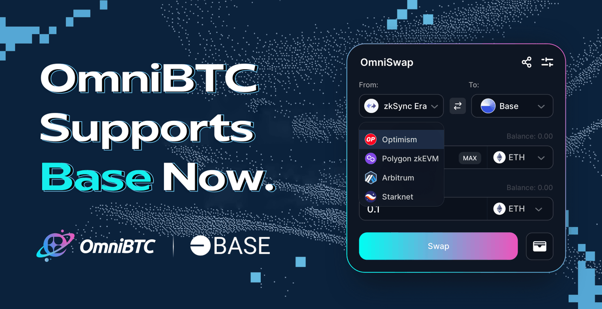 OmniBTC's tweet photo. 🥇We're the first!🥇

🥳OmniBTC is now on @BuildOnBase - the first DEX enabling swap assets between:

@BuildOnBase⇄@LineaBuild

🌉Available routes: @optimismFND @zksync @Starknet @arbitrum @0xPolygon (#zkEVM)

🔗https://t.co/Wy2iJMiB4g

#omnichain https://t.co/zR7KmjMxfQ