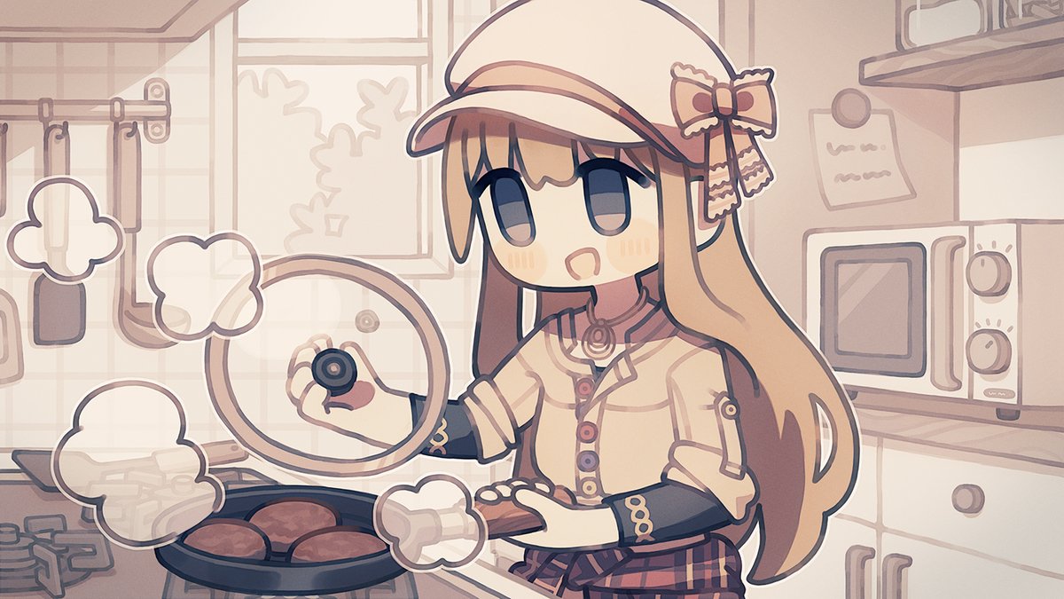 1girl solo cooking hat kitchen plaid long hair  illustration images