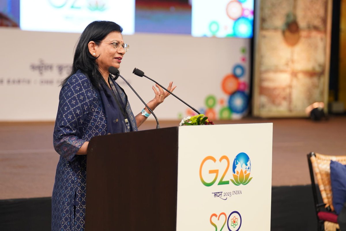 S20_India's tweet photo. Dr. Archana Sharma, Scientist & Senior Advisor (International Relations), CERN delivered the Chair Summary of Gender, Diversity & Inclusivity Committee in #Science20 Summit Meeting at Isha Foundation, Coimbatore. @g20org @ishafoundation @archanasharmagv https://t.co/O7z96xMh2Y