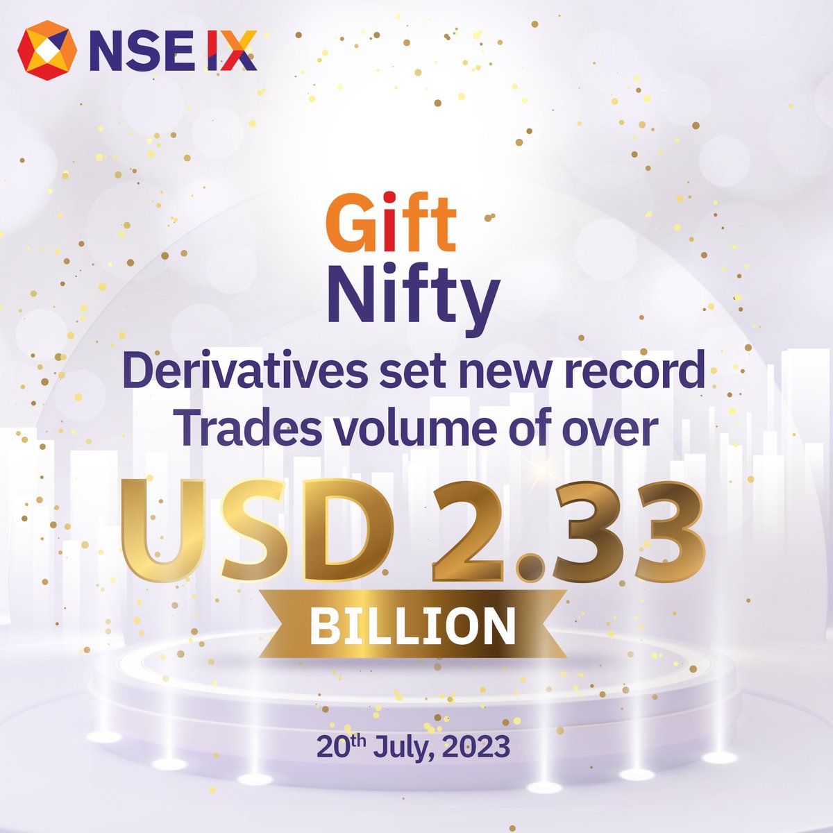 NSEIXGiftNifty's tweet photo. On 20 July 2023, #GiftNifty sets an all-time high record @nse_ix with traded volume of $2.33bn. 

Learn more about Gift Nifty: https://t.co/fMSGlEjCb0

#NSEIX #GIFTNifty @balav1971 @ashishchauhan @NSEIndia https://t.co/wAJ78lyAI4