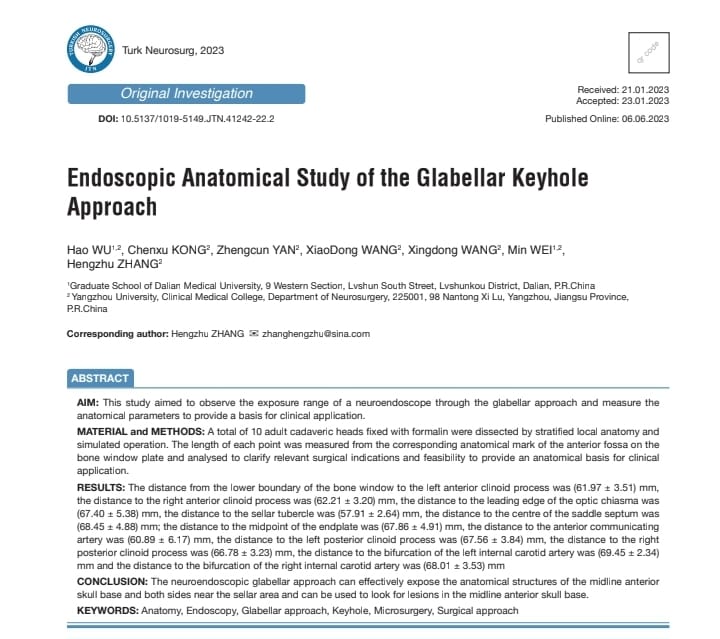 JTN_Turkish's tweet photo. Epub ahead of print 

Glabellar Keyhole Approach

https://t.co/MrA1GTCkwH

#keyhole #glabella #endoscopy #anatomicalstudy #turkishneurosurgery #cadavericstudy #aheadofprint https://t.co/hHZjIGHAkn
