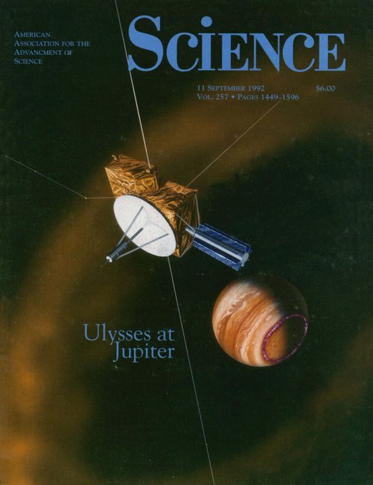 A cover of Science Magazine, dated 11 September 1992, featuring a magnificent drawing of the Ulysses spacecraft as it left Jupiter traveling southward in the previously unexplored dusk sector, showing the large Io plasma torus (yellow ring) and a small auroral oval (violet). Credit illustration: Jet Propulsion Laboratory In February 1992, Ulysses flew past Jupiter to take advantage of the gravity assist that redirected it toward the sun's polar regions. The scientific results obtained during this encounter with Jupiter are presented in this issue in a series of reports. 