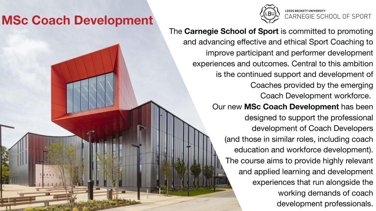 We're still recruiting for our new MSc Coach Development starting in October .
If you would like to find out more about the course, please click on the following link to access the prospectus: shorturl.at/rBLP9
Contact: Dr Bob Muir – course leader
b.muir@leedsbeckett.ac.uk