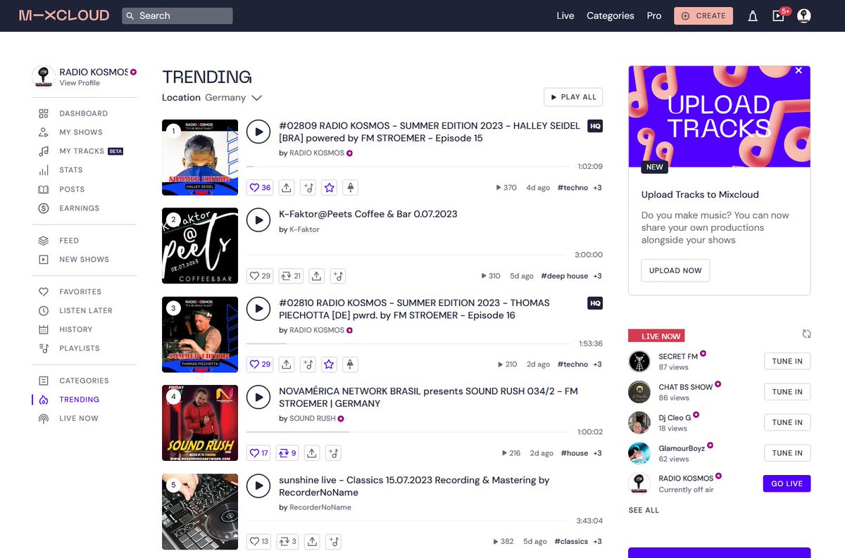 HerzausGold5's tweet photo. RADIO KOSMOS - "it´s all about music!"   Halley Seidel on top! Mixcloud Trending Chart  21.07.2023   Genre: Techno [Germany] &amp; Trending Chart    [Germany] Congratulations!   #mixcloud #trendingchart #mixseries #radiokosmos #halleyseidel #brasil #portugal #fmstroemer https://t.co/kYwiyHdUvX