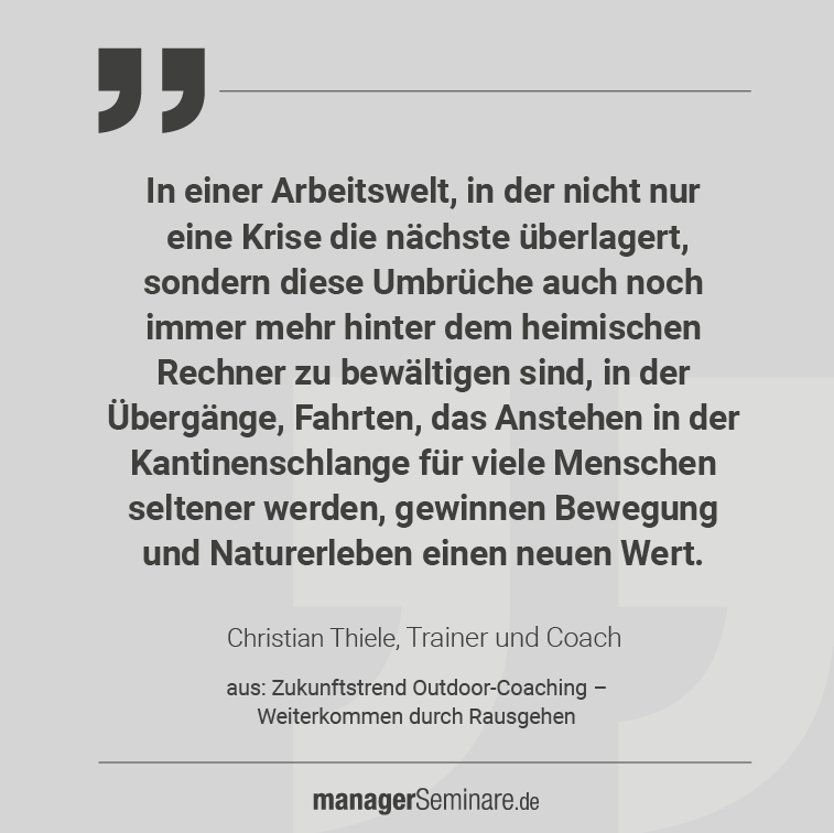In einer Arbeitswelt, die sich bei vielen Menschen zunehmend vor dem eigenen Rechner zu Hause abspielt, gewinnt das Draußen- und Unterwegs-Sein einen neuen Wert. Diese Entwicklung wird auch #Coaching verändern, sagt Christian Thiele <a href="/PositivFuehren/">Christian Thiele</a> msmagazin.info/outdoor-coachi… (€)