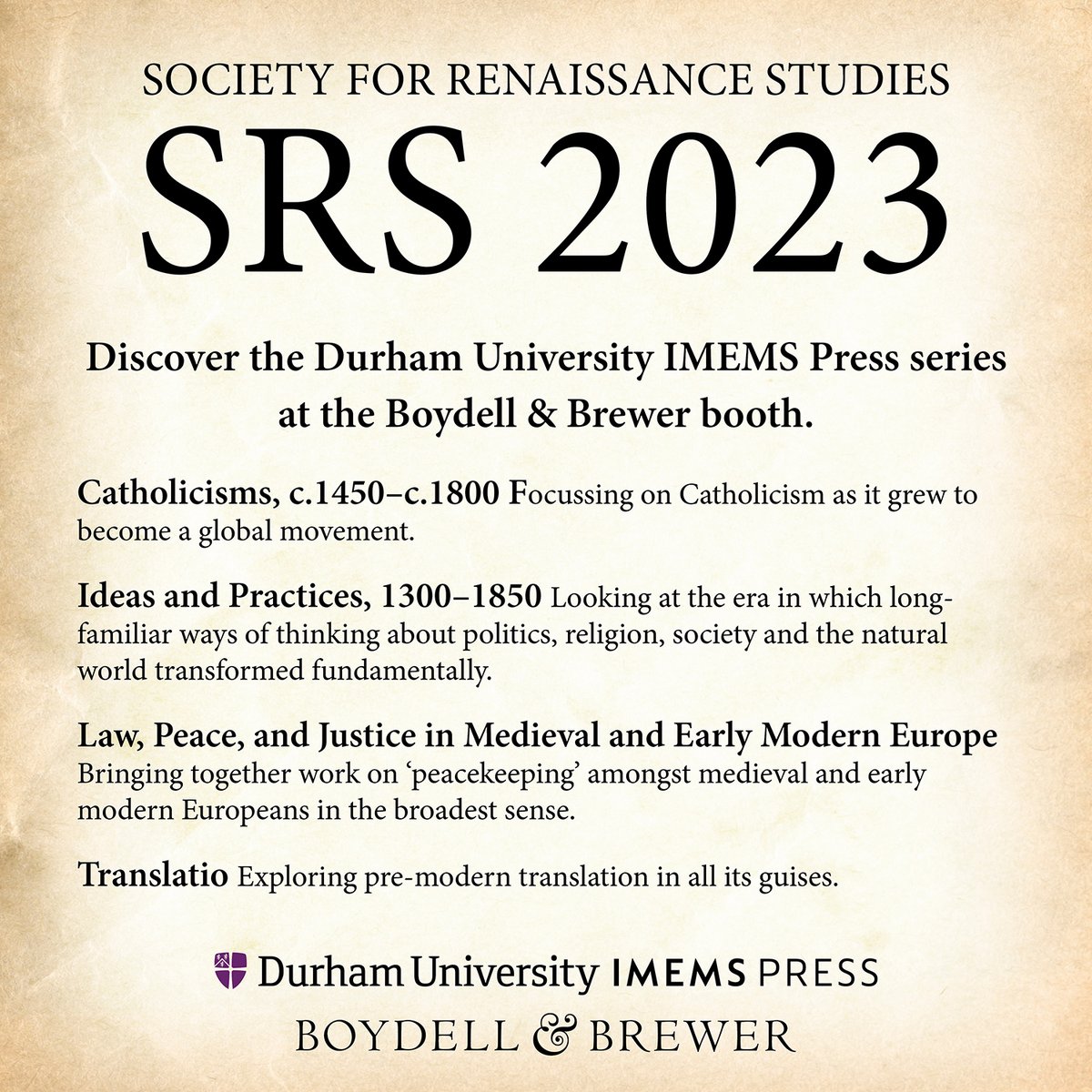 Discover the Durham University IMEMS series during #RenSoc23!  Commissioning Editor Elizabeth McDonald welcomes questions about how to publish with these exciting new series.
Visit @IMEMSDurham online for more details: boybrew.co/3rzkzd5
@SRSRenSoc @DrPastonsRUs