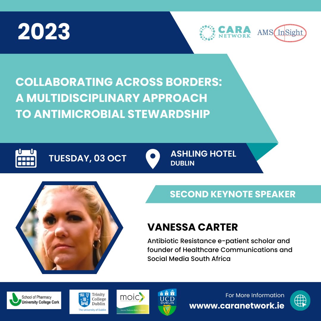 caranetwork1's tweet image. The BIG Speaker Reveal, Part 2 !! 📢

We're delighted to introduce Vanessa Carter @_FaceSA, Antibiotic Resistance e-patient scholar and founder of @theAMRnarrative as our second keynote speaker. 🎉

Stay tuned for more speaker reveals.🤝
@AMSInSight #CARAnetwork #AMR #AMS
