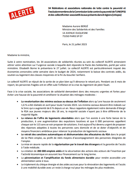 🚨 Lettre ouverte du collectif ALERTE à la nouvelle ministre des Solidarités

Les 34 associations du collectif interpellent <a href="/auroreberge/">Aurore Bergé</a> sur l’urgence sociale à laquelle doit répondre le #PacteDesSolidarités.

🔎La lettre 👉bit.ly/3DnnpEJ