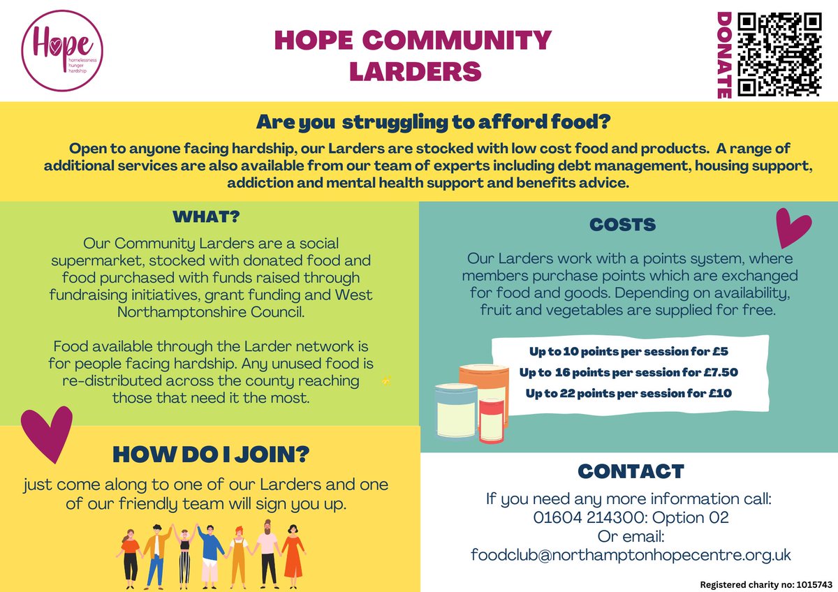 We run a network of Community Larders for individuals and families in hardship. They are social supermarkets stocked with low-cost food and products. With the rising cost of living, we are here to help. Just turn up to register. @WestNorthants @FaawnFoodAid