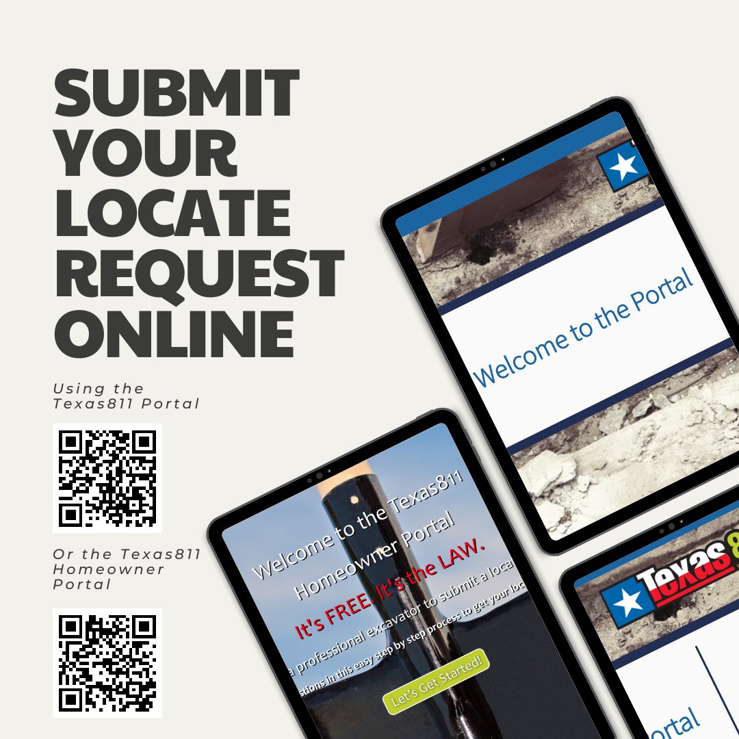 texas811's tweet image. #Texas811 offers two great online options for submitting a locate request.

👉Texas811 Portal: txgc.texas811.org/geocall/portal
👉Homeowner Portal (single address): txhop.texas811.org

For more info, visit: Texas811.org

#EveryDigCounts #KnowWhatsBelow