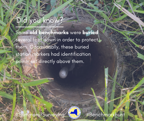 nysapls's tweet image. #DYK: Some old benchmarks were buried several feet down in order to protect them. Occasionally, these buried station markers had identification points set directly above them.  #SummerofSurveying #BenchmarkHunt