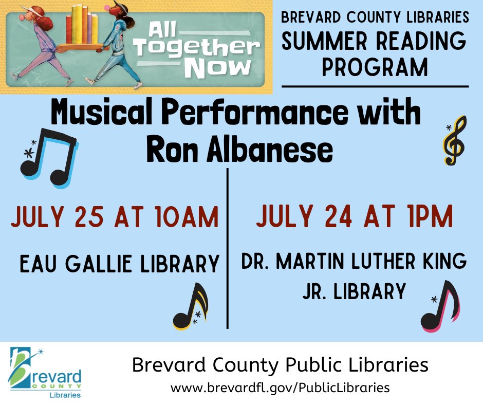 BrevLibraries's tweet image. Check out these two musical performances with Ron Albanese! July 24 at 1PM at Dr. Martin Luther King Jr. Library and July 25 at 10am at Eau Gallie Library. #BrevardLibraries #SpaceCoastKids #CSLPreads #SummerReadingProgram #Melbourne #EauGallie #SRP2023