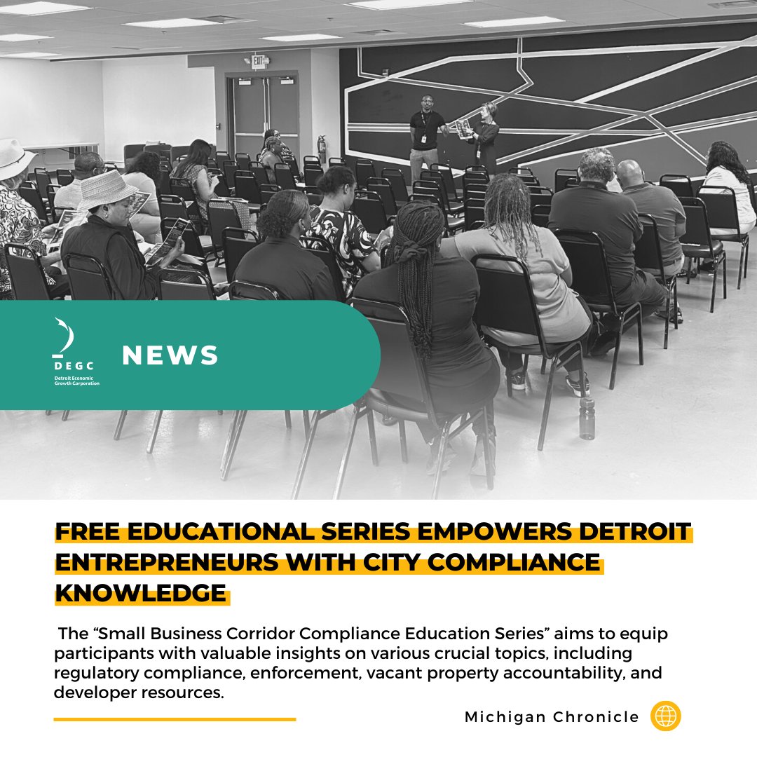 The Small Business Corridor Compliance series began this week with an in-person session in D4. The next session will be at 1 PM in D5 on Tuesday, July 25 at the Butzel Family Center.

Register to attend: bit.ly/3OaBWKa
Read more from <a href="/MIChronicle/">Michigan Chronicle</a>: bit.ly/3K2VhKM
