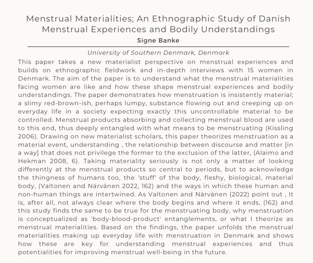 Signe Banke (@signebanke) on Twitter photo Excited for the second day of the Society for Menstrual Cycle Research conference here in Washington DC area🩸
I’ll present my paper on menstrual materialities with empirical examples from my ethnographic fieldwork tomorrow
<a href="/MenstruationOrg/">SMCR: Society for Menstrual Cycle Research</a> #SMCR2023 #menstruationmatters Excited for the second day of the Society for Menstrual Cycle Research conference here in Washington DC area🩸
I’ll present my paper on menstrual materialities with empirical examples from my ethnographic fieldwork tomorrow
<a href="/MenstruationOrg/">SMCR: Society for Menstrual Cycle Research</a> #SMCR2023 #menstruationmatters