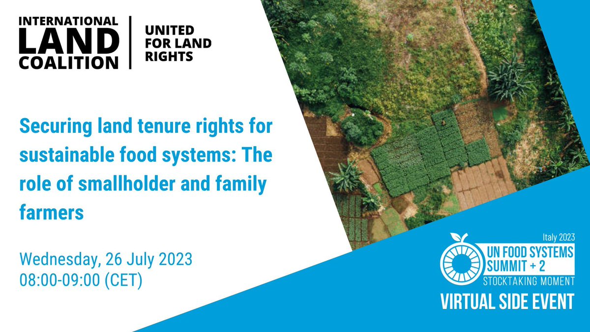 Securing #LandRights for sustainable #FoodSystems

Join us &amp; our co-sponsors <a href="/COPROFAM2/">COPROFAM</a> <a href="/IFAD/">International Fund for Agricultural Development</a> <a href="/WorldRuralForum/">World Rural Forum</a> <a href="/AsianFarmers/">Asian Farmers (AFA)</a> &amp; the Ujamaa Community Resource Team at the UN <a href="/FoodSystems/">UN Food Systems Coordination Hub</a> +2 Stocktaking Moment: 

🗓️ 26 July
🕥 8.00-9.00 CET
✏️ bit.ly/3On2jN9

#UNFSS2023