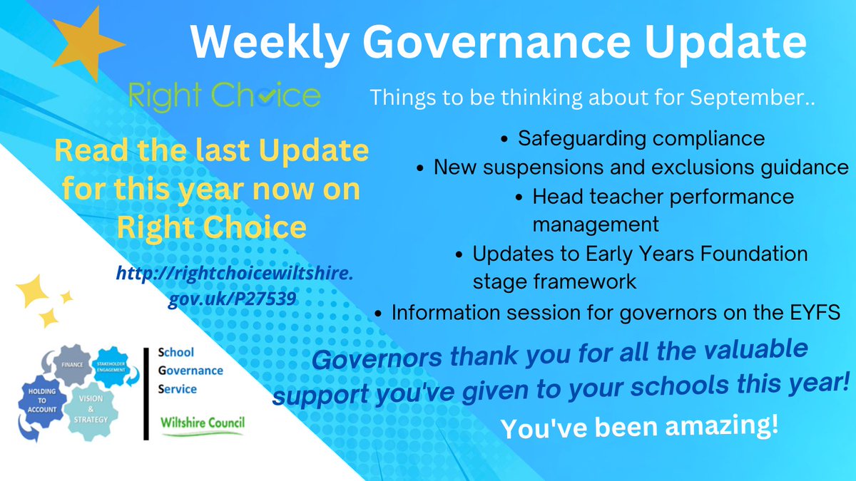 Wiltshire School Governance Service @Wiltsgovs (@wiltsgovs) on Twitter photo The SGS Team thanks all school governors in Wiltshire for their very hard work this academic year!
Read the last weekly Update on Right Choice; what to be thinking about for the new year.. orlo.uk/95dww
<a href="/RChoiceWilts/">Right Choice Wiltshire</a> <a href="/VictoriaVc78/">Victoria Christophers</a> <a href="/BobAbqm/">Bob Basley</a> <a href="/Lesley_J_Lowe/">Lesley Lowe</a> <a href="/wiltsga/">Wiltshire Governors' Association</a> The SGS Team thanks all school governors in Wiltshire for their very hard work this academic year!
Read the last weekly Update on Right Choice; what to be thinking about for the new year.. orlo.uk/95dww
<a href="/RChoiceWilts/">Right Choice Wiltshire</a> <a href="/VictoriaVc78/">Victoria Christophers</a> <a href="/BobAbqm/">Bob Basley</a> <a href="/Lesley_J_Lowe/">Lesley Lowe</a> <a href="/wiltsga/">Wiltshire Governors' Association</a>