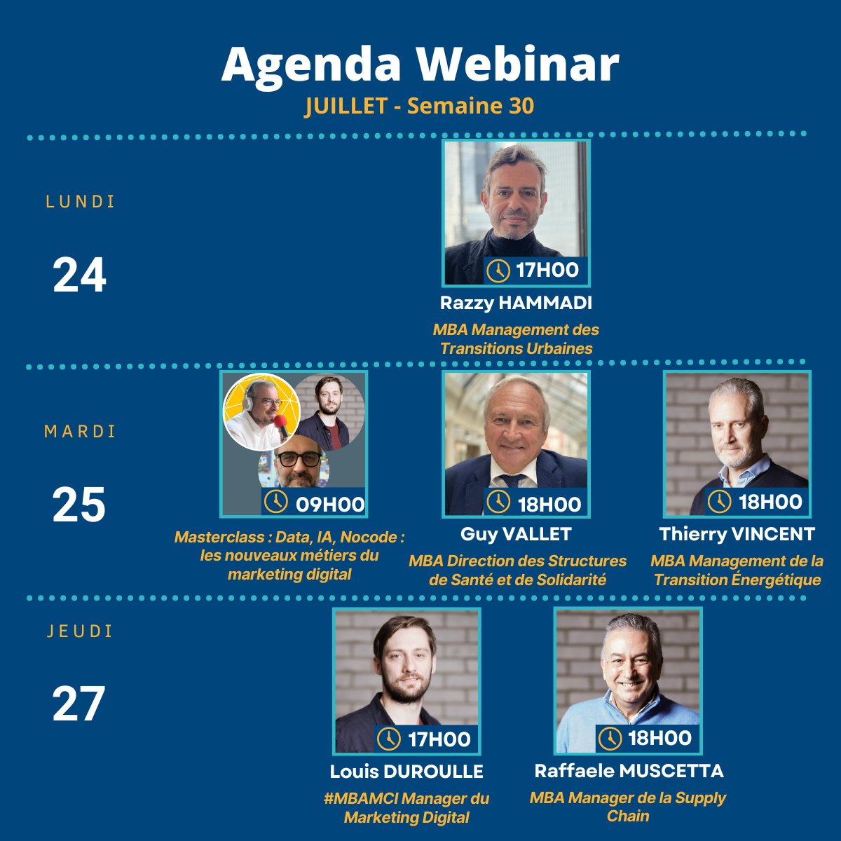 🗓 AGENDA #WEBINAR // JUILLET - Semaine 30
Découvrez les formations Devinci #ExecutiveEducation, en live !

Inscrivez-vous ➡️ ow.ly/MpqO50NcWZ4

Avec les directeurs pédagogiques et les équipes de Devinci Executive Education.