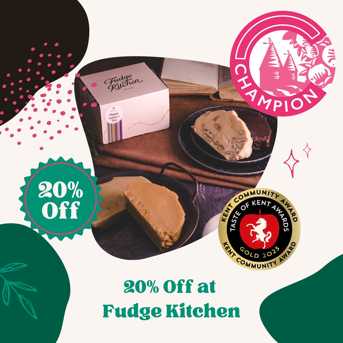 Want to support Kent businesses and get quarterly deal drops straight to your inbox for just £25 per year? Become a Produced in Kent Champion and get 20% off at the Taste of Kent award winning @fudgekitchen when you spend over £15 in store or online producedinkent.co.uk/champions