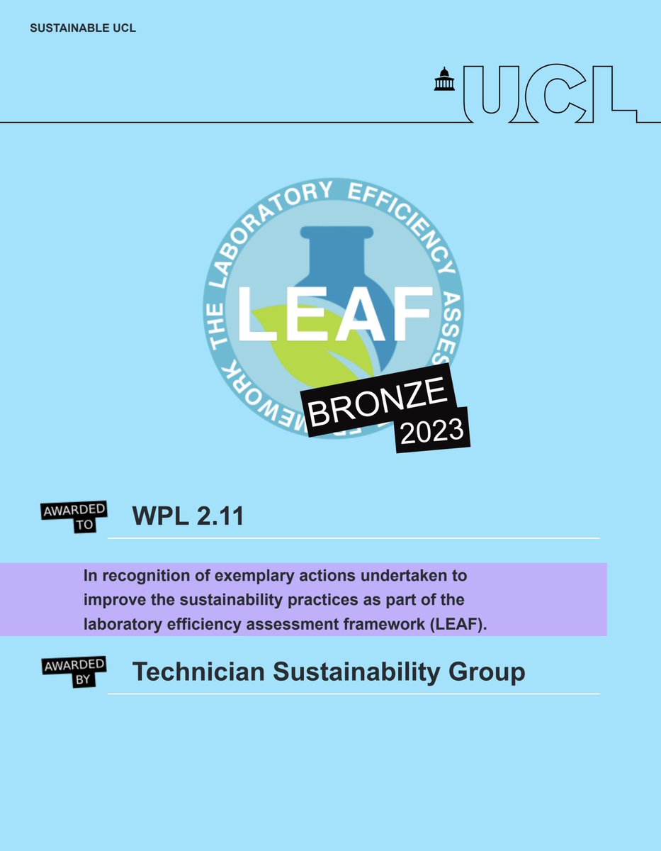 Today our lab was awarded bronze LEAF thanks to the hard work of <a href="/Claire_Not_Bear/">Claire Richards</a>. We implemented new practises during the semester, received a lot of support from our students, central <a href="/SustainLboro/">Sustainable Lboro</a>, and colleagues. Proud of our achievement! Now on to silver…