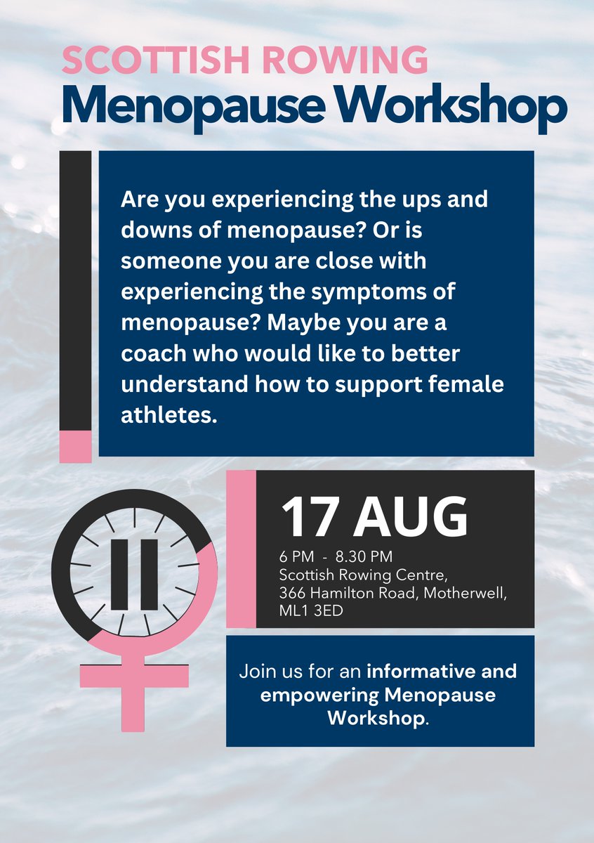 ScottishRowing's tweet photo. Calling all athletes, coaches, and anyone interested in learning about #Menopause! Join us at The Scottish Rowing Centre for a unique workshop exploring the challenges and experiences of this natural process. All ages and genders welcome.

Register today - https://t.co/8g49JYERDM https://t.co/QrwXDuN8eO