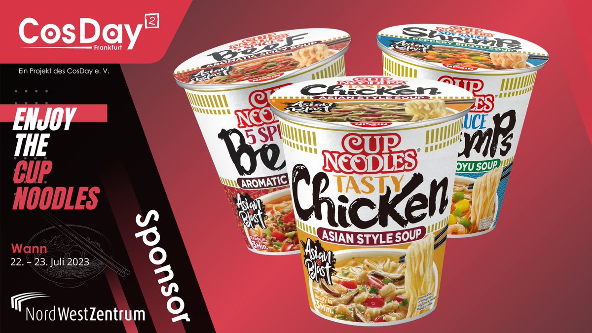 Nissin Cup Noodles 🍜 wird selbst auch auf dem CosDay² mit ihrer beliebten Nudelbar vertreten sein und verteilen gratis Cups .🫶

Ihr findet sie im Außenbereich in der Nähe der Info/Kasse. Guten Hunger😋

▶️ Nissin Webseite:
de.nissin-foods.eu/cupnoodles/

#cosday #cosday2023 #nissin