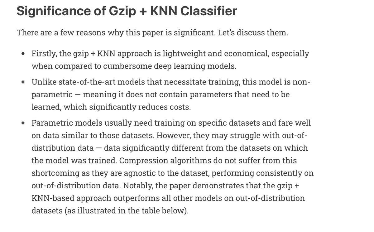 predict_addict's tweet image. An interesting article “Decoding the ACL Paper: Gzip and KNN Rival BERT in Text Classification. Breaking Down the Hype: Unpacking the Findings of the Recent ACL Conference Paper” is an excellent read explaining #gzip paper, how the method works and why it is of significance.