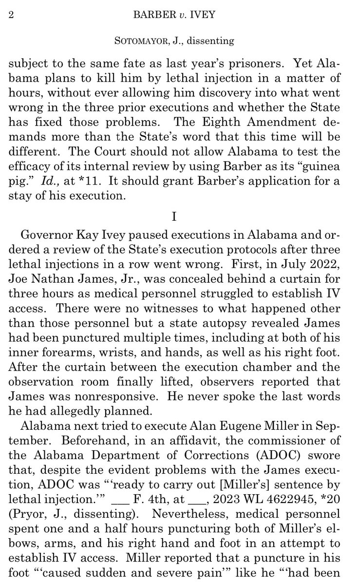 steve_vladeck's tweet photo. A little before 1:30 a.m., #SCOTUS denied James Barber’s application to stay his execution by Alabama—over an 11-page dissent by Justice Sotomayor (joined by Justices Kagan &amp; Jackson) that accused the majority of letting AL use Barber as a “guinea pig”:

https://t.co/nPQVmzzADp https://t.co/HUVVo4Ukce