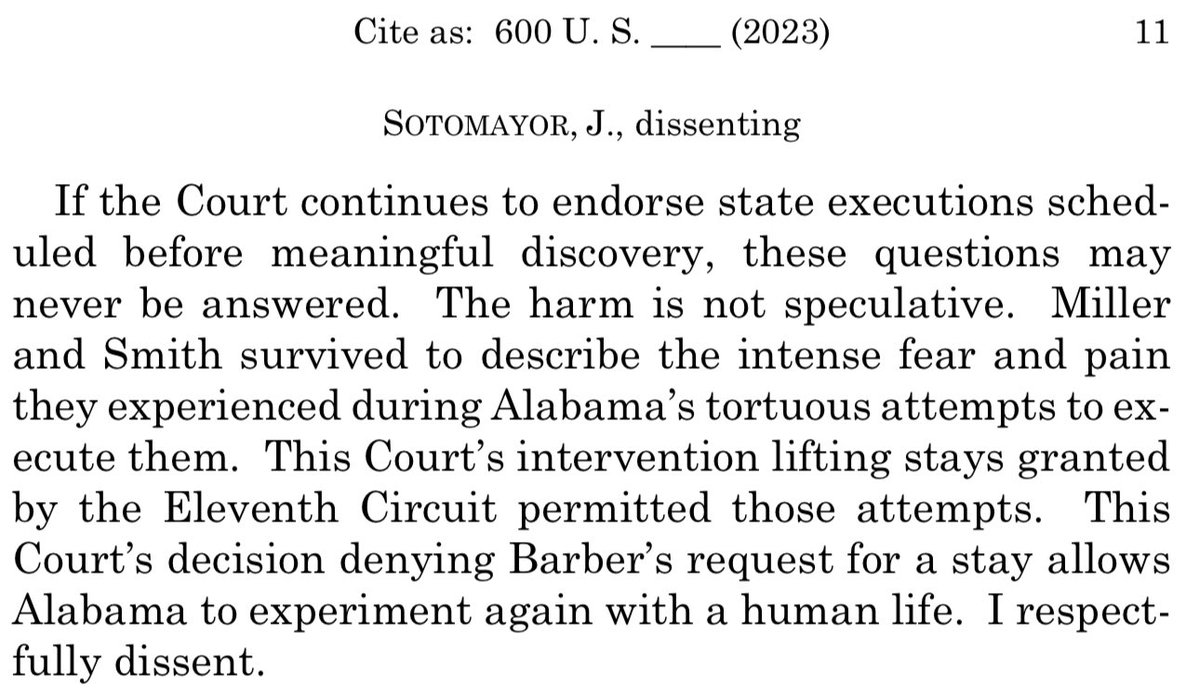 steve_vladeck's tweet photo. A little before 1:30 a.m., #SCOTUS denied James Barber’s application to stay his execution by Alabama—over an 11-page dissent by Justice Sotomayor (joined by Justices Kagan &amp; Jackson) that accused the majority of letting AL use Barber as a “guinea pig”:

https://t.co/nPQVmzzADp https://t.co/HUVVo4Ukce