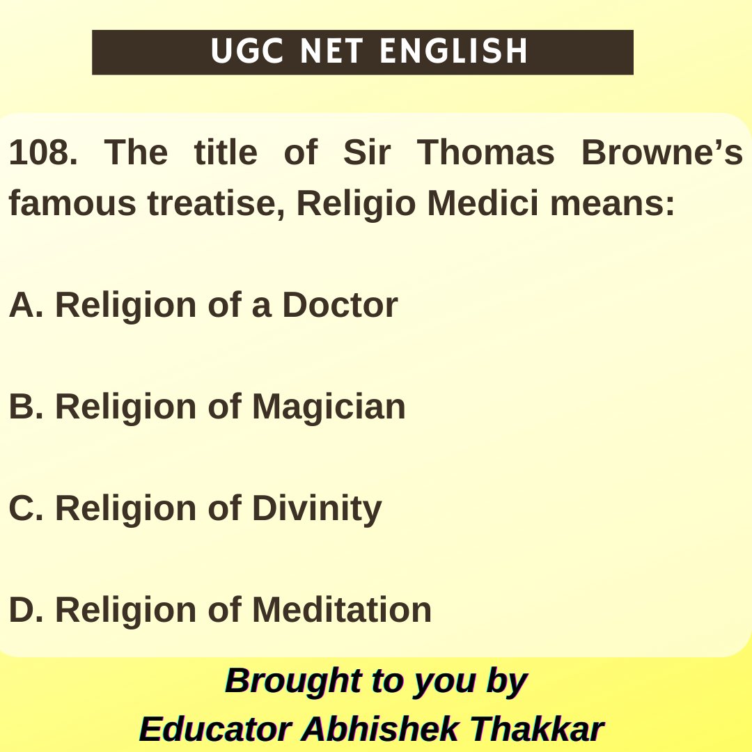 Abhishe77728239's tweet image. Consolidate your preparation for UGC NET English exam by practicing previous years' questions on a daily basis.
Comment your answer below and I will let you know whether it is correct or not.
#ugcnet #ntanet #ugcnetpaper2 #ntanetpaper2 #ugcnetenglish #ntanetenglish