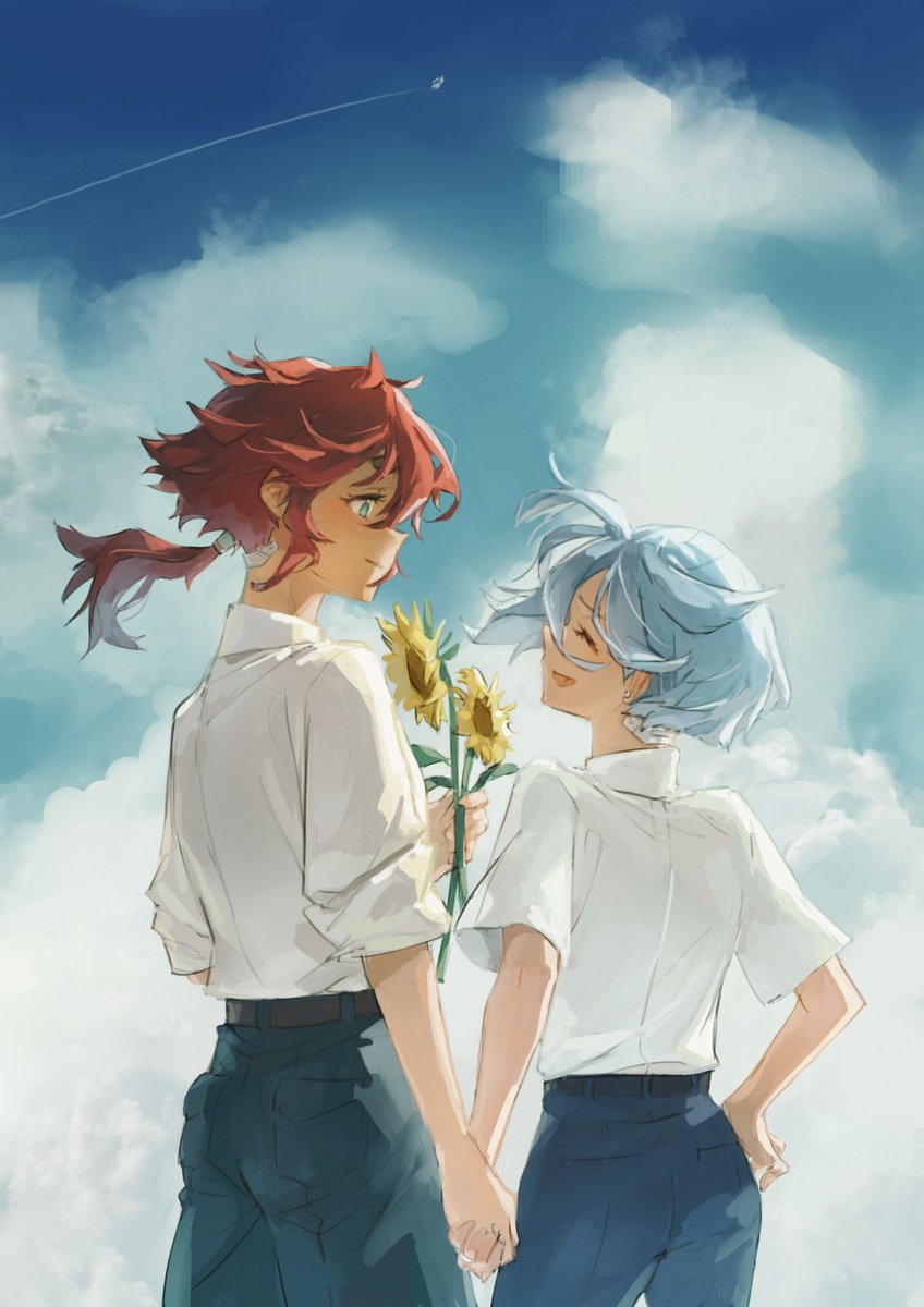 miorine rembran ,suletta mercury multiple girls 2girls red hair flower yuri cloud holding hands  illustration images